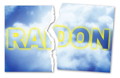 Ripped photo of radon gas text against a cloudy sky